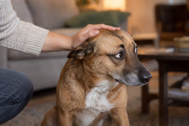 Un chien mal à l'aise pendant que sa main humaine le caresse, montrant des signes de stress subtils comme les oreilles en arrière et le regard détourné