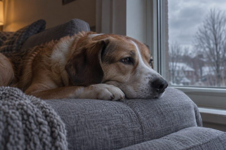 Un chien triste et désabusé allongé sur un canapé gris par un jour d'hiver grisâtre, regardant vers la fenêtre avec une expression d'ennui