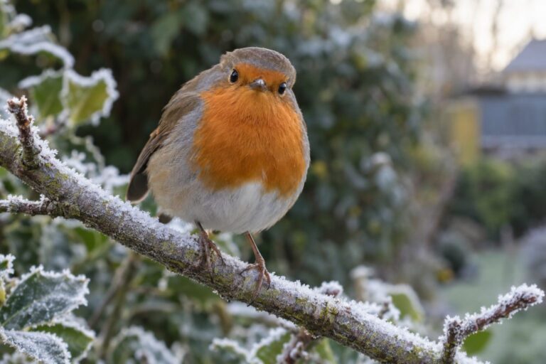 Un rouge-gorge familier posé sur une branche, observé de près dans un jardin résidentiel en hiver