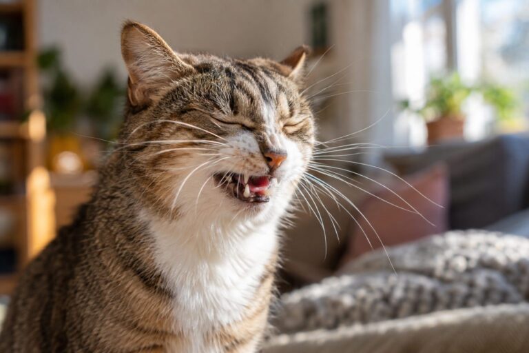 Un chat gris tabby en train d'éternuer, gros plan du museau avec expression caractéristique d'éternuement, dans un intérieur domestique lumineux