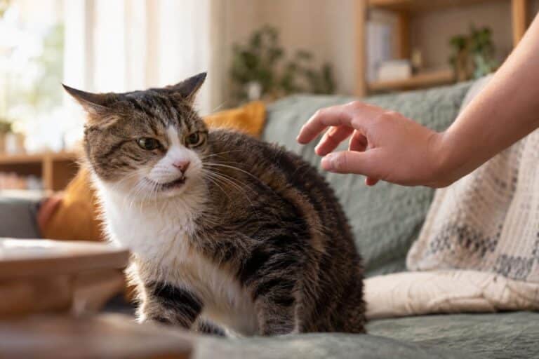 Un chat domestique stressé se détournant de la main d'une personne qui le caresse