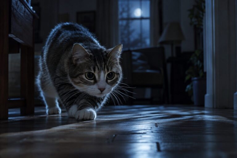 Chat domestique en chasse nocturne dans une maison endormie, regard intense fixé sur une proie