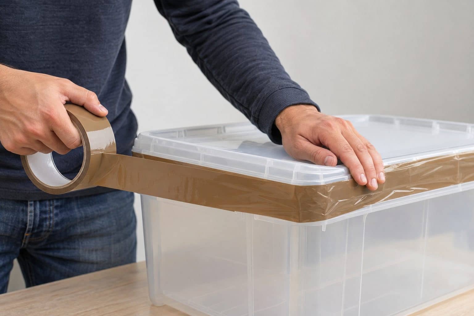 Étape 3 : fermeture du bac en plastique avec son couvercle fixé avec du ruban adhésif brun