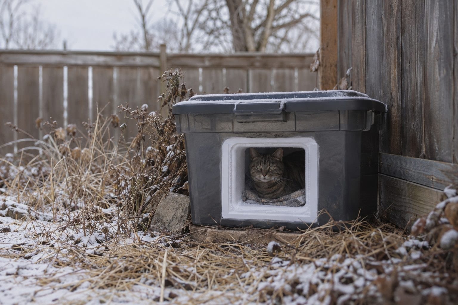 Abri du froid terminé installé dehors à l'extérieur, protégé du vent pour accueillir les chats errants en hiver