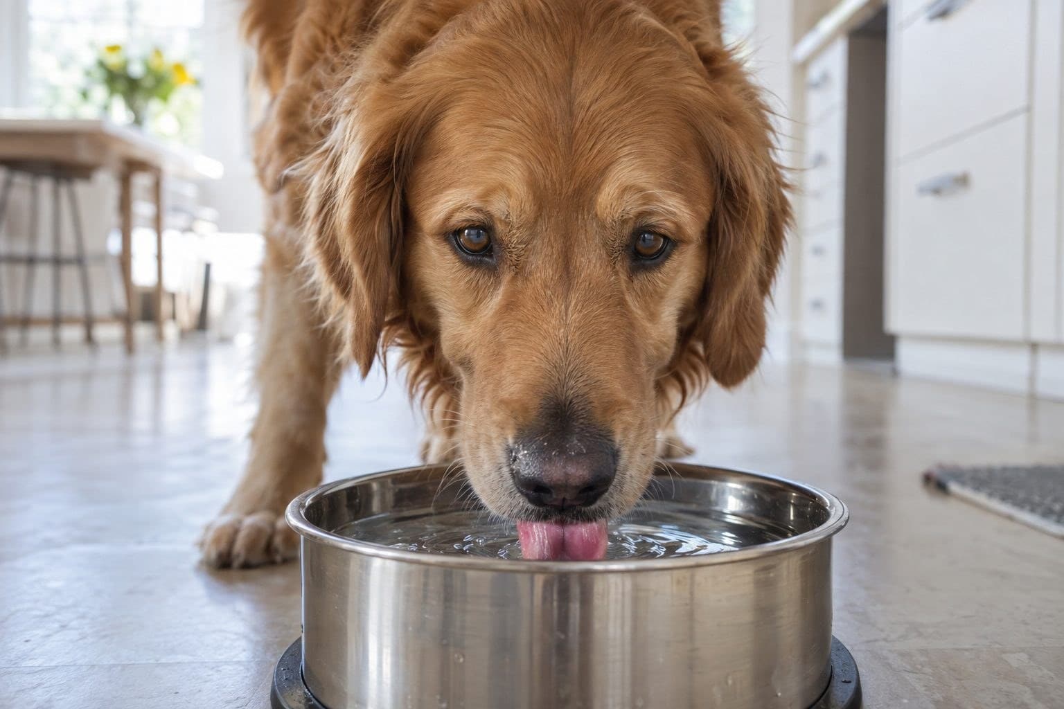 Un chien buvant de l'eau dans une gamelle, de face