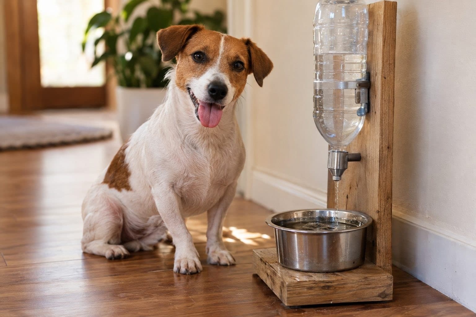 Un petit chien attendant près d'une fontaine artisanale fonctionnelle