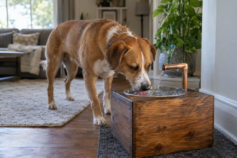 Un chien de race moyenne buvant confortablement à sa fontaine maison