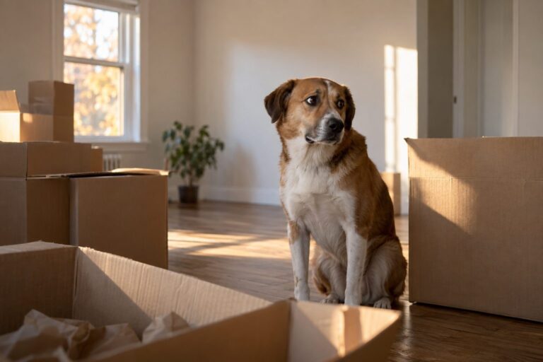 Un chien regardant anxieusement autour de lui au milieu de cartons de déménagement dans un salon vide