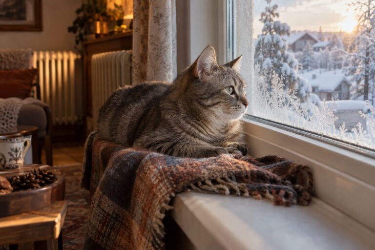 Un chat gris allongé près d'une fenêtre en hiver, regardant dehors avec des radiateurs visibles en arrière-plan, dans une ambiance hivernale et cosy