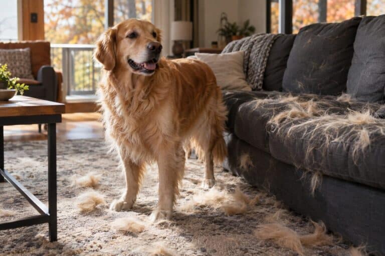 Un chien aux poils longs qui perd massivement ses poils, avec des touffes de fourrure visibles sur un canapé ou un tapis d'intérieur en automne