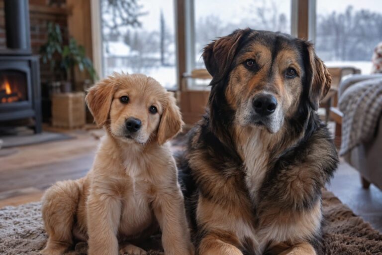 Comparaison visuelle entre un chiot et un chien adulte face à face, évoquant le choix difficile entre adoption de jeune ou adulte