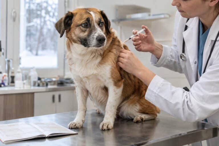 Un chien de taille moyenne chez le vétérinaire recevant une injection de vaccin, avec le carnet de santé ouvert sur la table d'examen