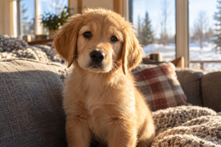 Un chiot adorable regardant directement l'appareil photo avec une expression douce, assis sur un canapé gris confortable, lumière naturelle chaude d'une fin d'après-midi hivernale par la fenêtre, atmosphère intime et trompeuse de bonheur garanti