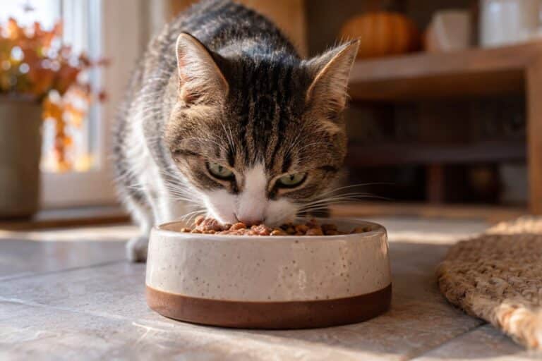 Chat domestique mangeant sa gamelle équilibrée, en gros plan frontal pendant le repas