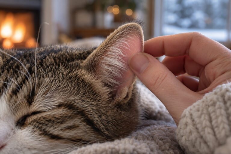 Gros plan des oreilles d'un chat domestique lors d'une caresse affectueuse