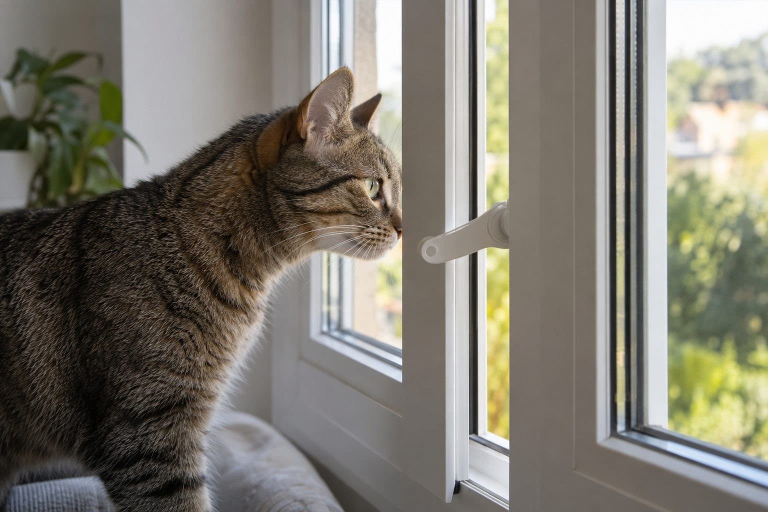 Fenêtre avec entrebâilleur de sécurité permettant au chat de respirer l'air extérieur