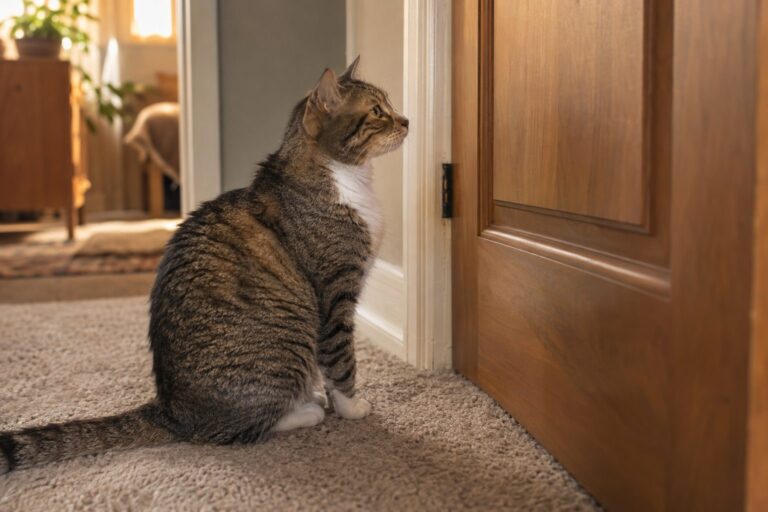 Un chat domestique (Felis catus) assis face à une porte fermée, regardant intensément vers la porte avec une expression de frustration ou de curiosité
