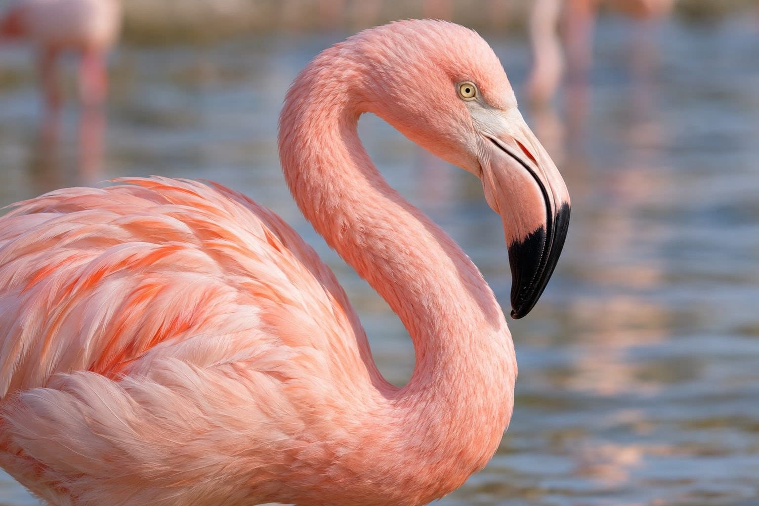 Flamant rose (Phoenicopterus roseus) en gros plan montrant sa tête, son bec caractéristique et son plumage rose vibrant