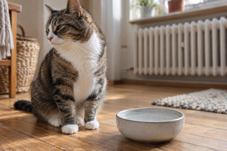 Chat domestique (Felis catus) regardant avec désintérêt une gamelle d'eau plate posée au sol dans un intérieur chauffé en hiver