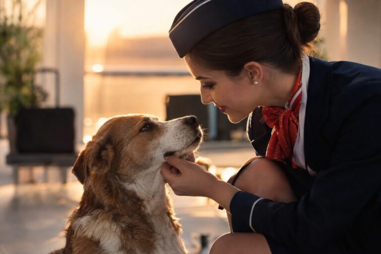 Un chien errant brun et blanc assis près d'une femme hôtesse de l'air en uniforme, moment de connexion émotionnelle