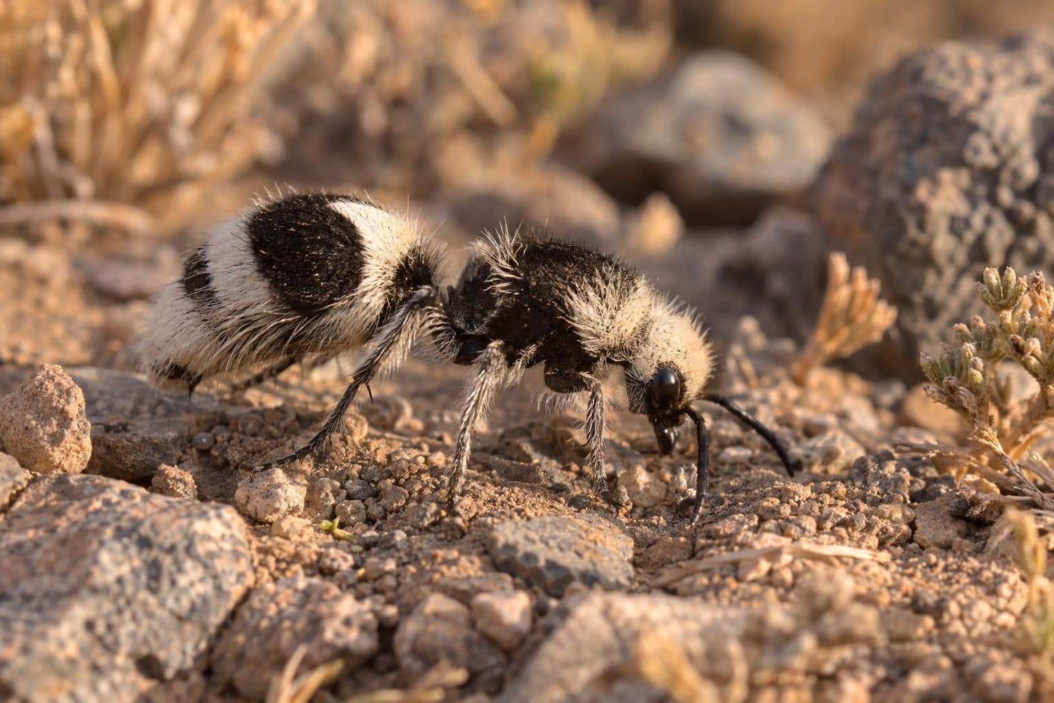 Euspinolia militaris (fourmi-panda/guêpe panda) - femelle au sol dans son habitat chilien