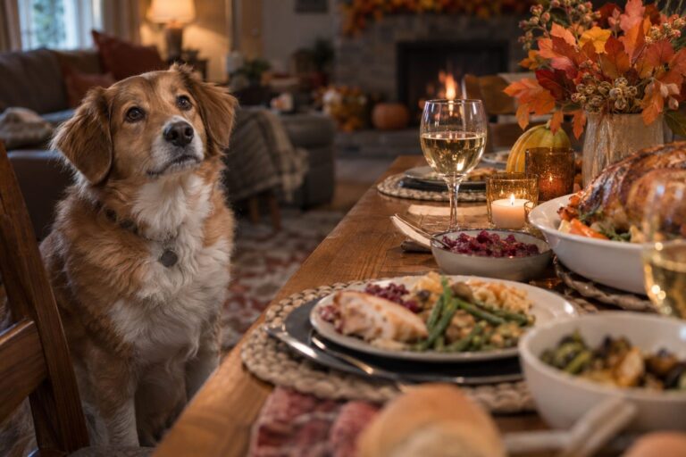 Un chien de taille moyenne assis près d'une table basse lors d'un repas en famille, regardant avec envie les assiettes et verres, incarnant la tentation des restes de table
