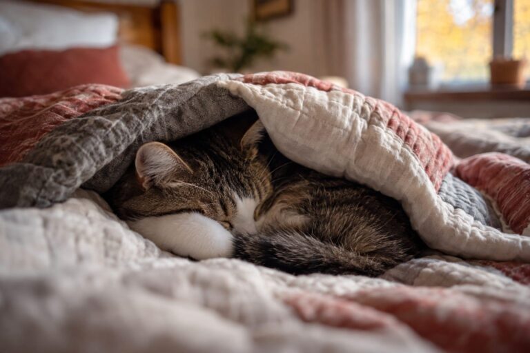 Chat domestique (Felis catus) enroulé en boule sous une couette, en automne, avec lumière naturelle douce passant par une fenêtre
