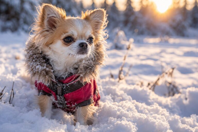 Un petit chien frileusement vêtu d'un manteau coloré, assis dans la neige fraîche avec du givre sur ses moustaches, en fin d'après-midi hivernale