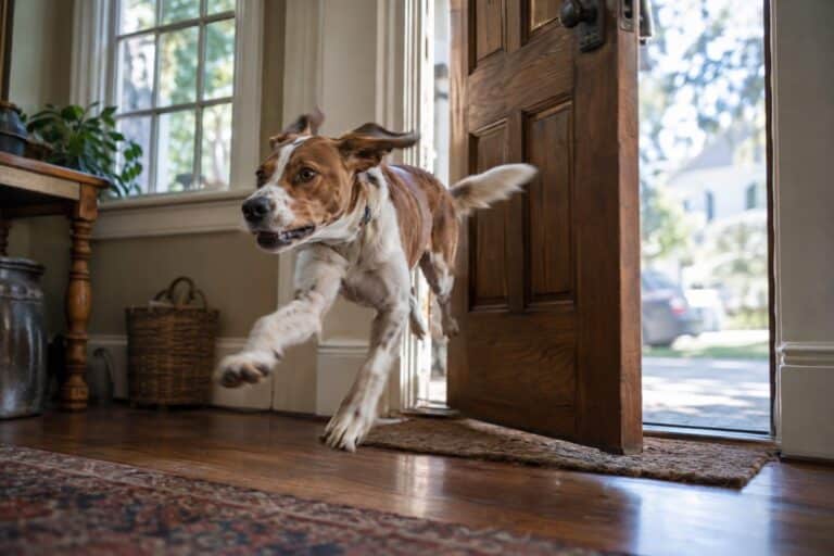 Un chien de taille moyenne s'échappant rapidement par une porte entrouverte, photographié de côté en plein mouvement dans un couloir ou une entrée de maison