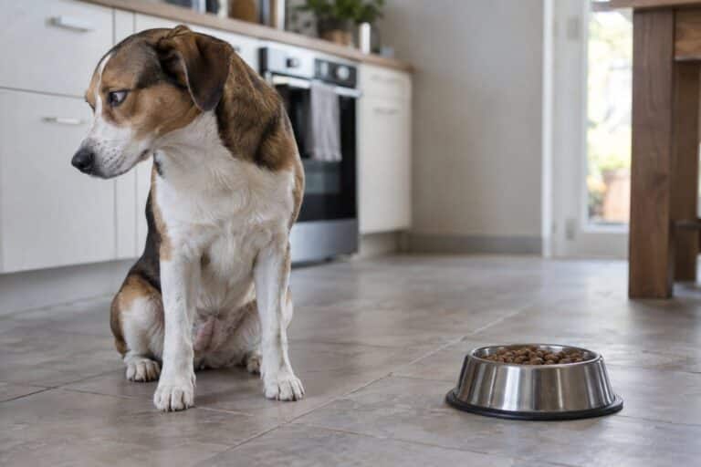 Un chien (Canis familiaris) refusant sa gamelle de croquettes, détournant la tête avec désintérêt dans une cuisine lumineuse