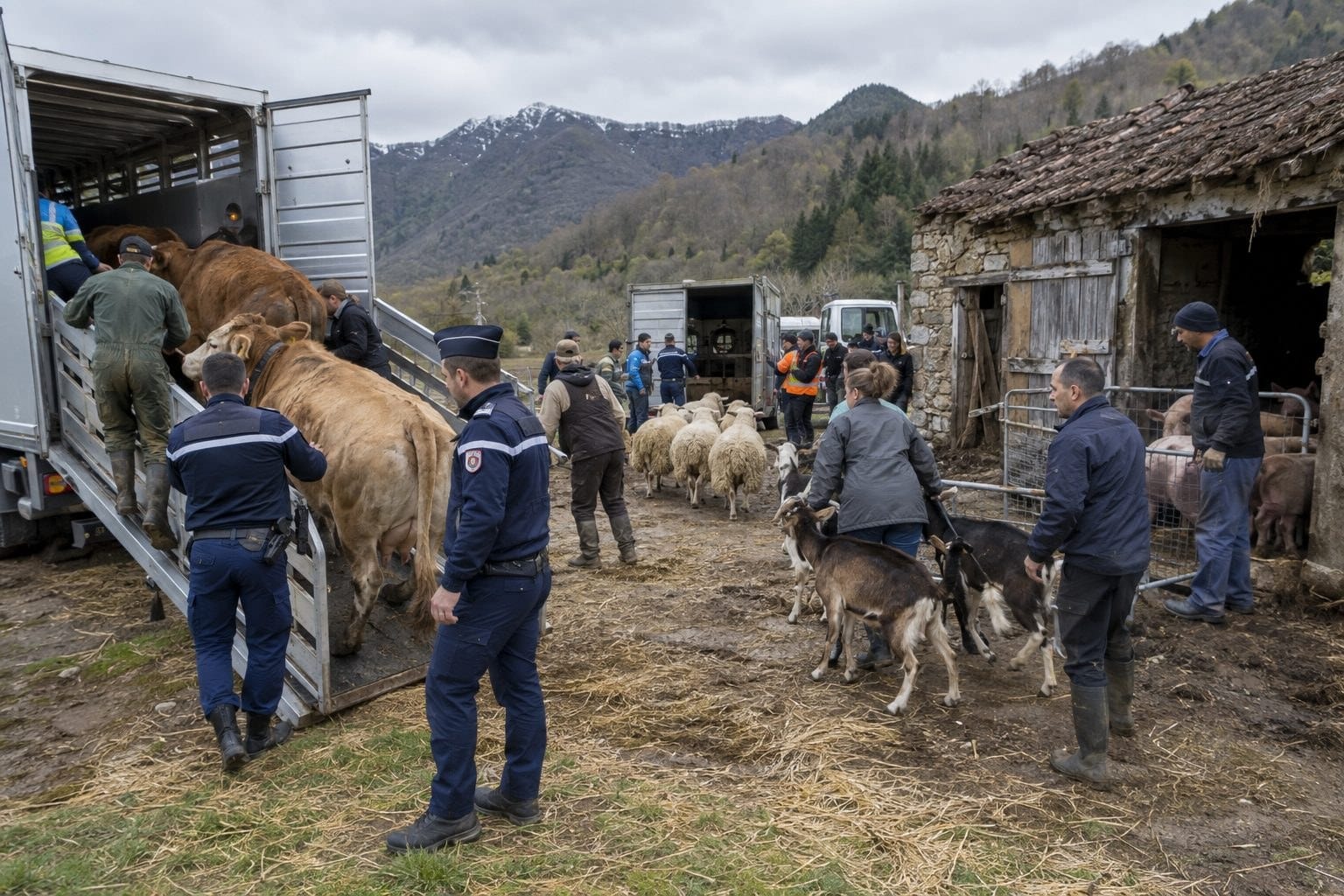 Évacuation coordonnée d'une centaine d'animaux de ferme maltraités par la gendarmerie, associations et entreprises locales en Haute-Garonne