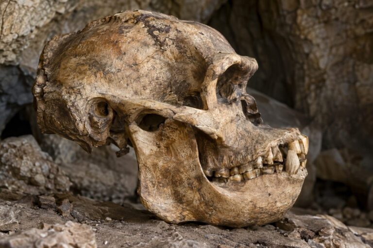 Profil de la tête et mâchoire du Gigantopithèque noir montrant sa dentition