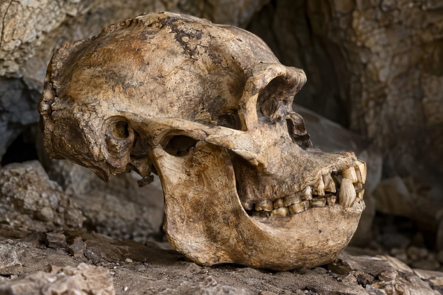Profil de la tête et mâchoire du Gigantopithèque noir montrant sa dentition