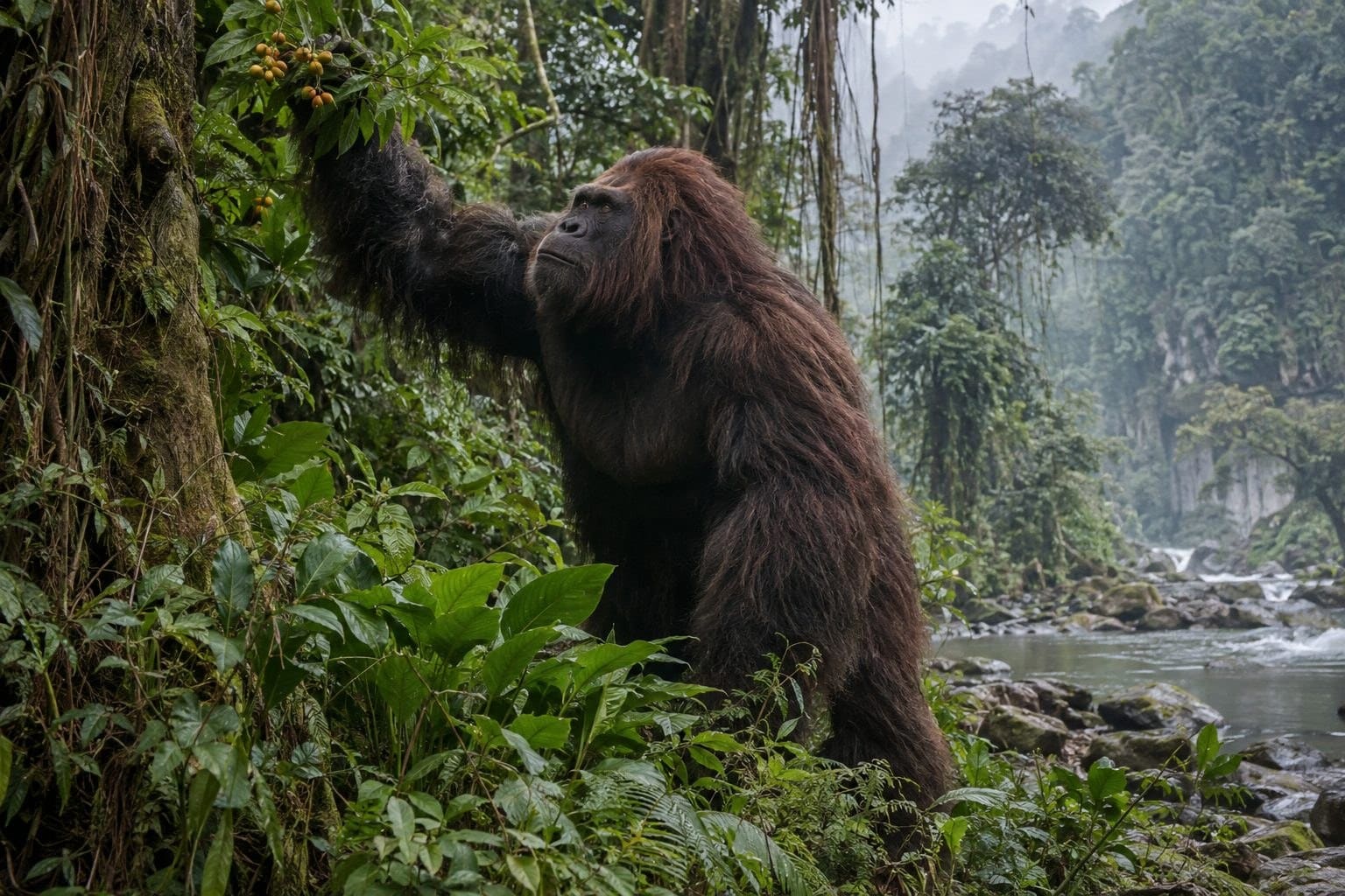 Gigantopithèque noir se nourrissant dans une forêt tropical humide