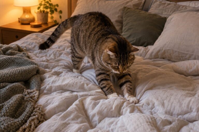 Un chat domestique effectuant son rituel de grattage et de pétrissage sur un lit avant de se coucher