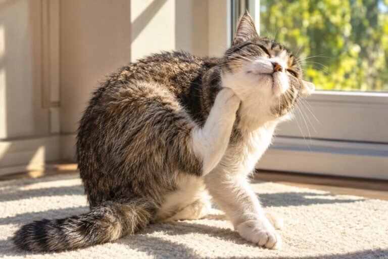 Chat domestique se grattant intensément pendant l'été, montrant les signes de démangeaisons excessives