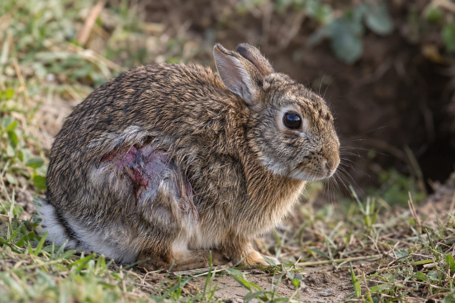 Un lapin de garenne en gros plan, montrant ses blessures ou son état de détresse
