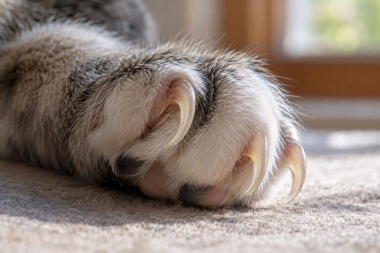 Gros plan des griffes d'un chat domestique trop longues et recourbées, montrant le détail de la griffe qui s'incurve vers la patte