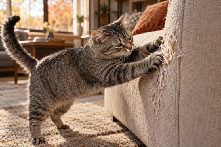 Un chat gris tigré en gros plan, griffer avec ses griffes sorties sur un tissu de canapé beige, dans un salon moderne en lumière douce d'automne