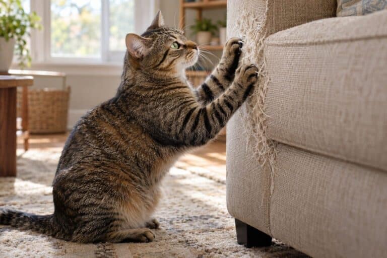 Un chat gris tigré aux yeux verts griffant intensément un canapé beige avec ses pattes avant, assis de profil, griffes sorties, dans un salon lumineux
