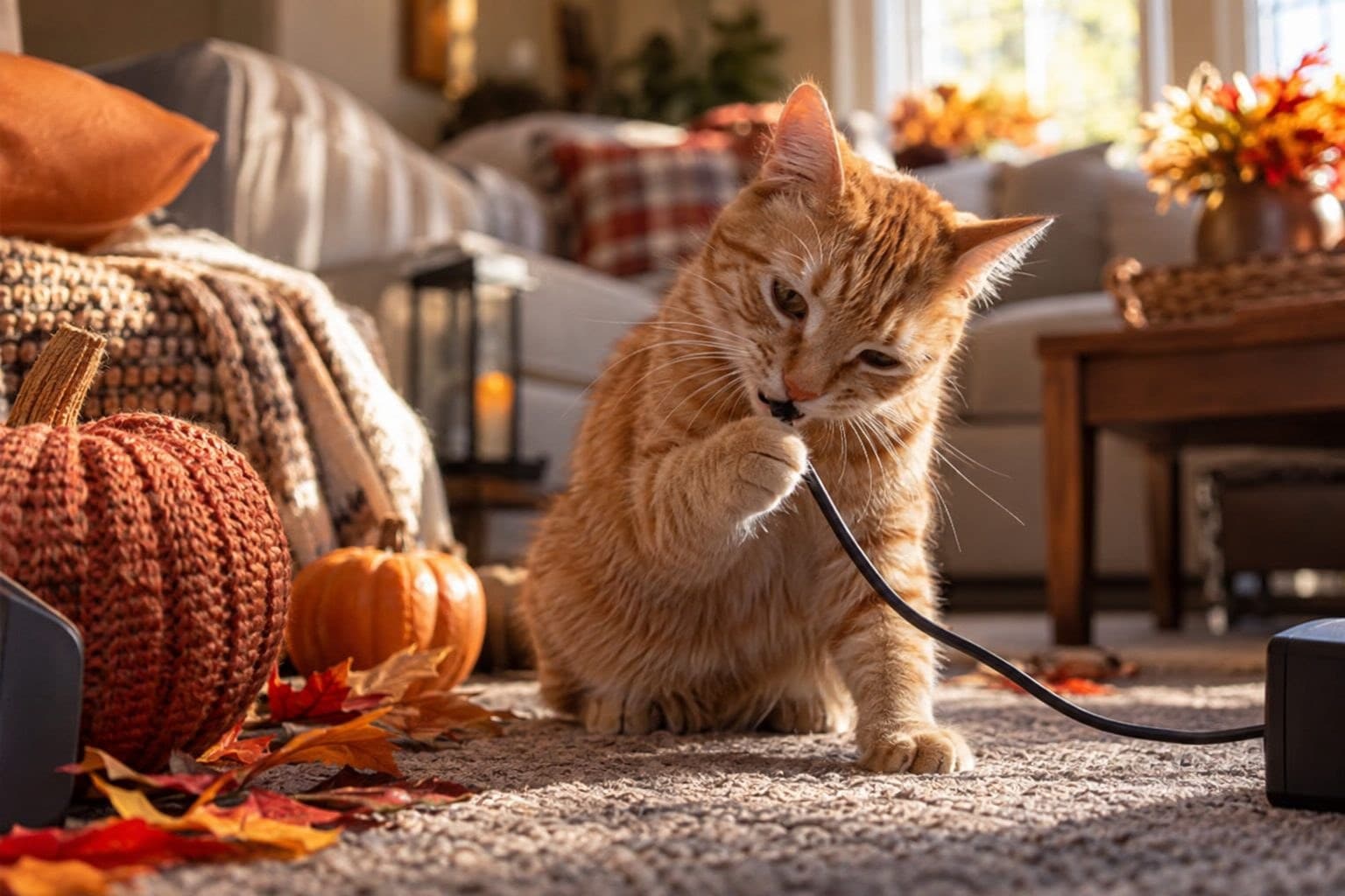 Un chat roux grignotant un câble électrique noir dans un salon d'automne, avec des objets renversés autour