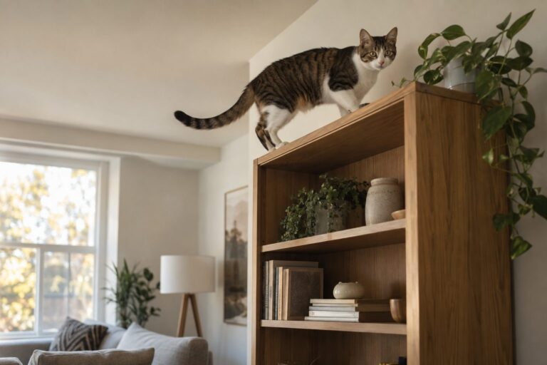Chat domestique grimpant sur une étagère ou meuble surélevé dans un intérieur