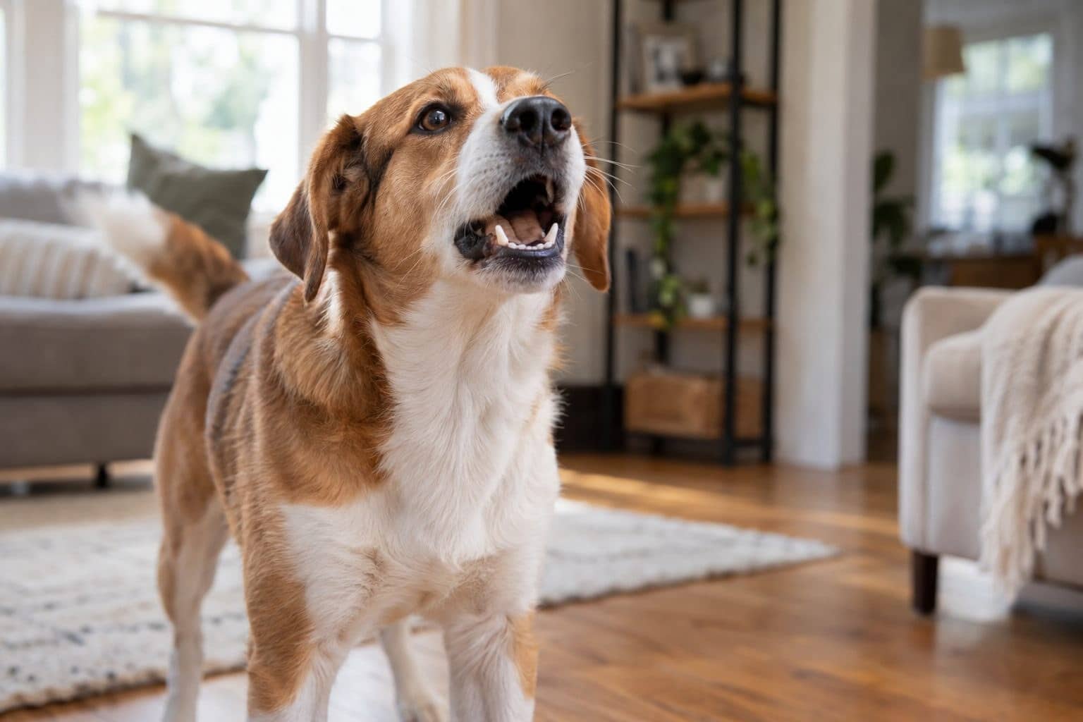 Un chien de taille moyenne en intérieur qui aboie ou grogne avec la bouche ouverte, exprimant une réaction vive à un bruit soudain, dans un salon lumineux avec canapé en arrière-plan