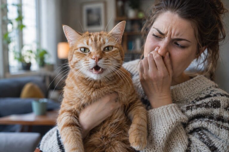 Chat roux en gros plan face à la caméra, bouche légèrement ouverte, pendant qu'une femme réagit avec une légère grimace en le tenant sur ses genoux dans un intérieur douillet
