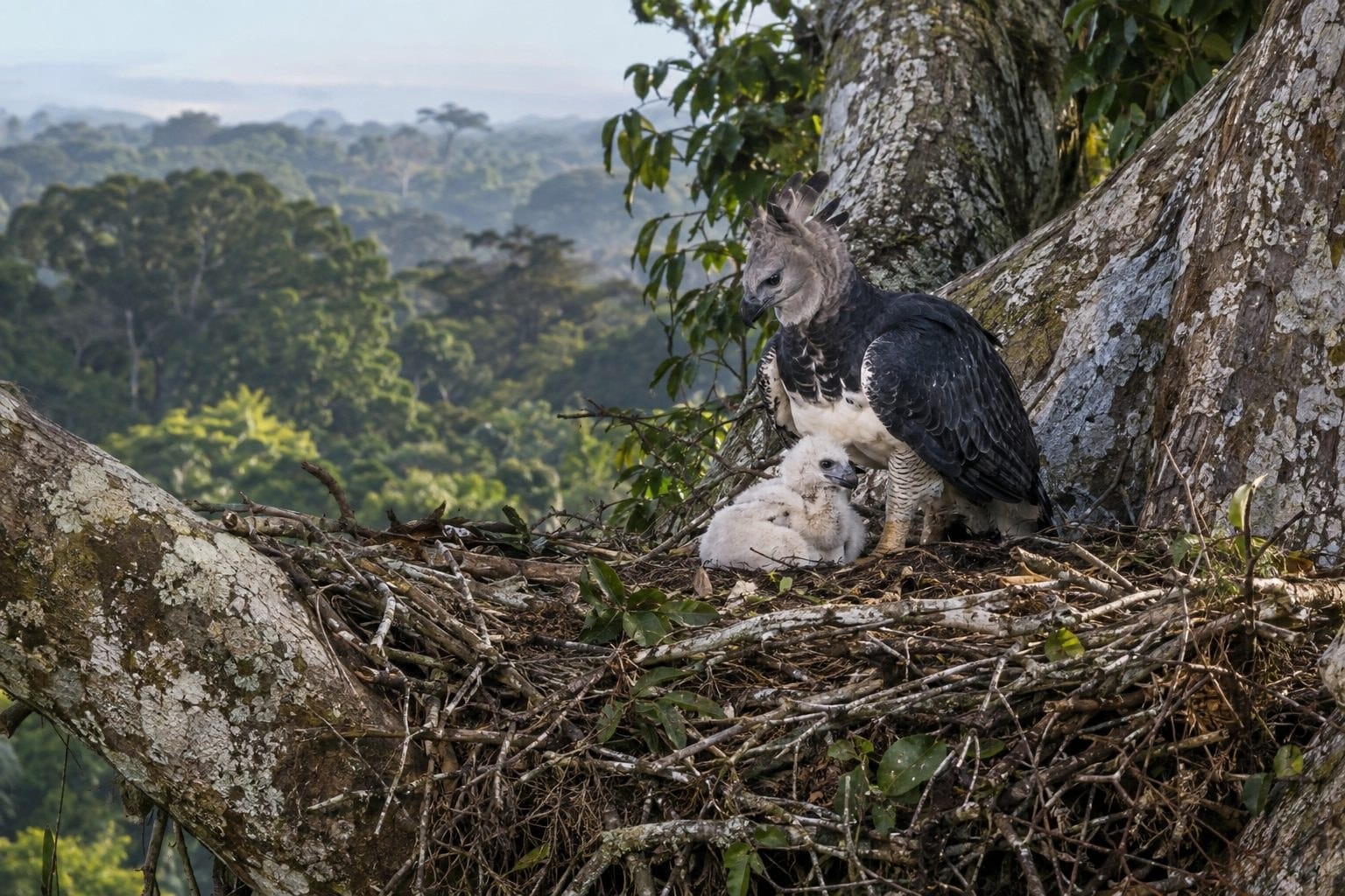Femelle harpie féroce au nid avec son unique petit