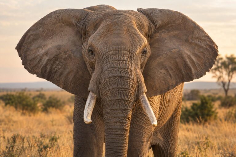 Un éléphant d'Afrique adulte de face, en gros plan, montrant ses grandes oreilles déployées