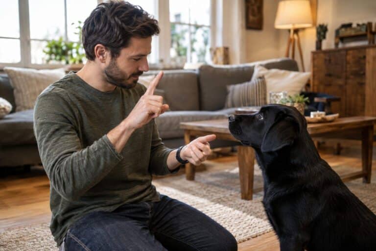 Un homme sourd et un jeune Labrador noir communiquant en langue des signes, face à face, dans un intérieur chaleureux