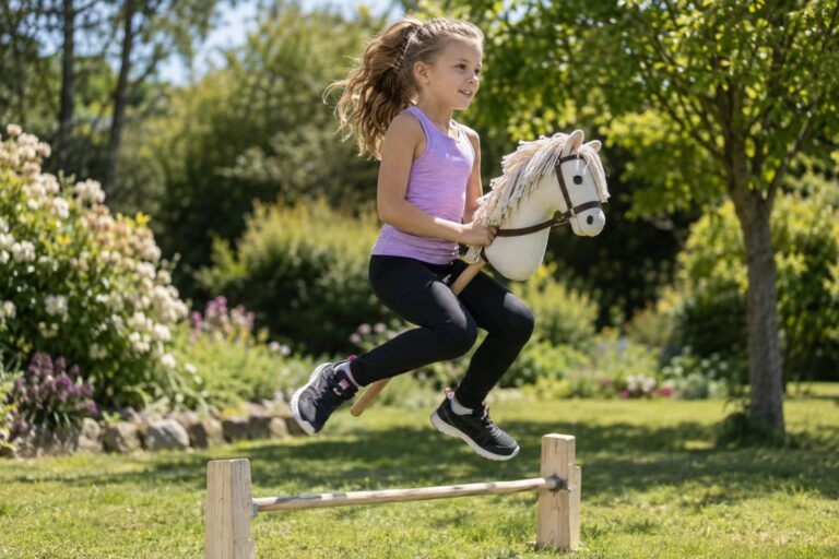 Une jeune fille en tenue de sport effectuant un saut avec un hobby horse (bâton avec tête de cheval en tissu) dans un jardin ou un parc