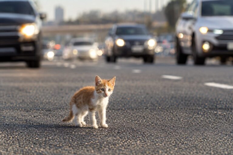 Un chaton roux et blanc perdu seul sur une autoroute à plusieurs voies avec du trafic automobile intense en arrière-plan