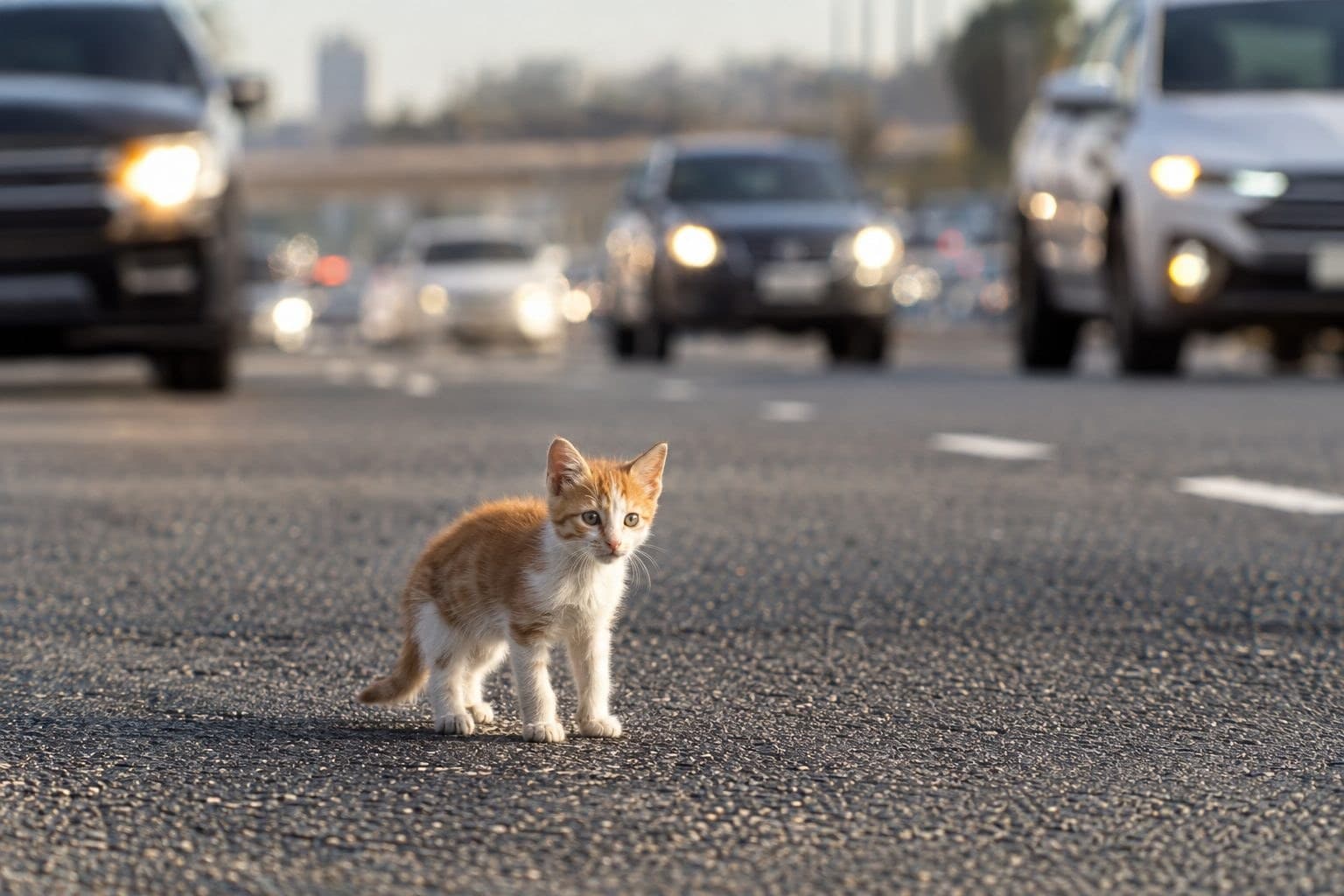 Un chaton roux et blanc perdu seul sur une autoroute à plusieurs voies avec du trafic automobile intense en arrière-plan